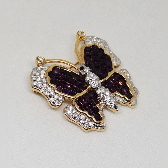 Jewelry - Purple Rhinestone Butterfly Brooch Gold Tone Crystal Statement Pin